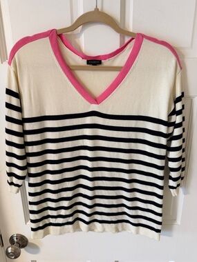 Talbots Ivory/Dark Navy Striped V-Neck Sweater Pink Trim Preppy Nautical Small